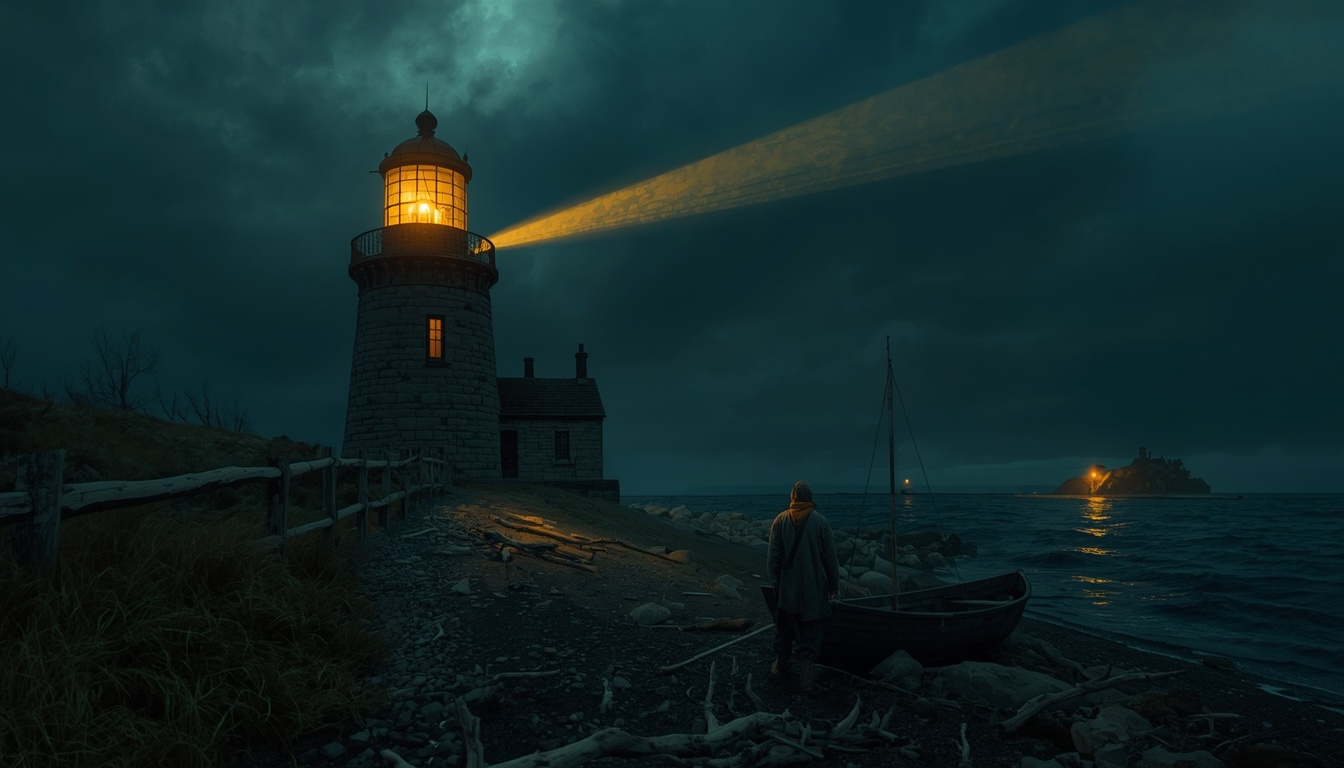 A long golden beam sweeps from a lit lighthouse across a dusk sea.