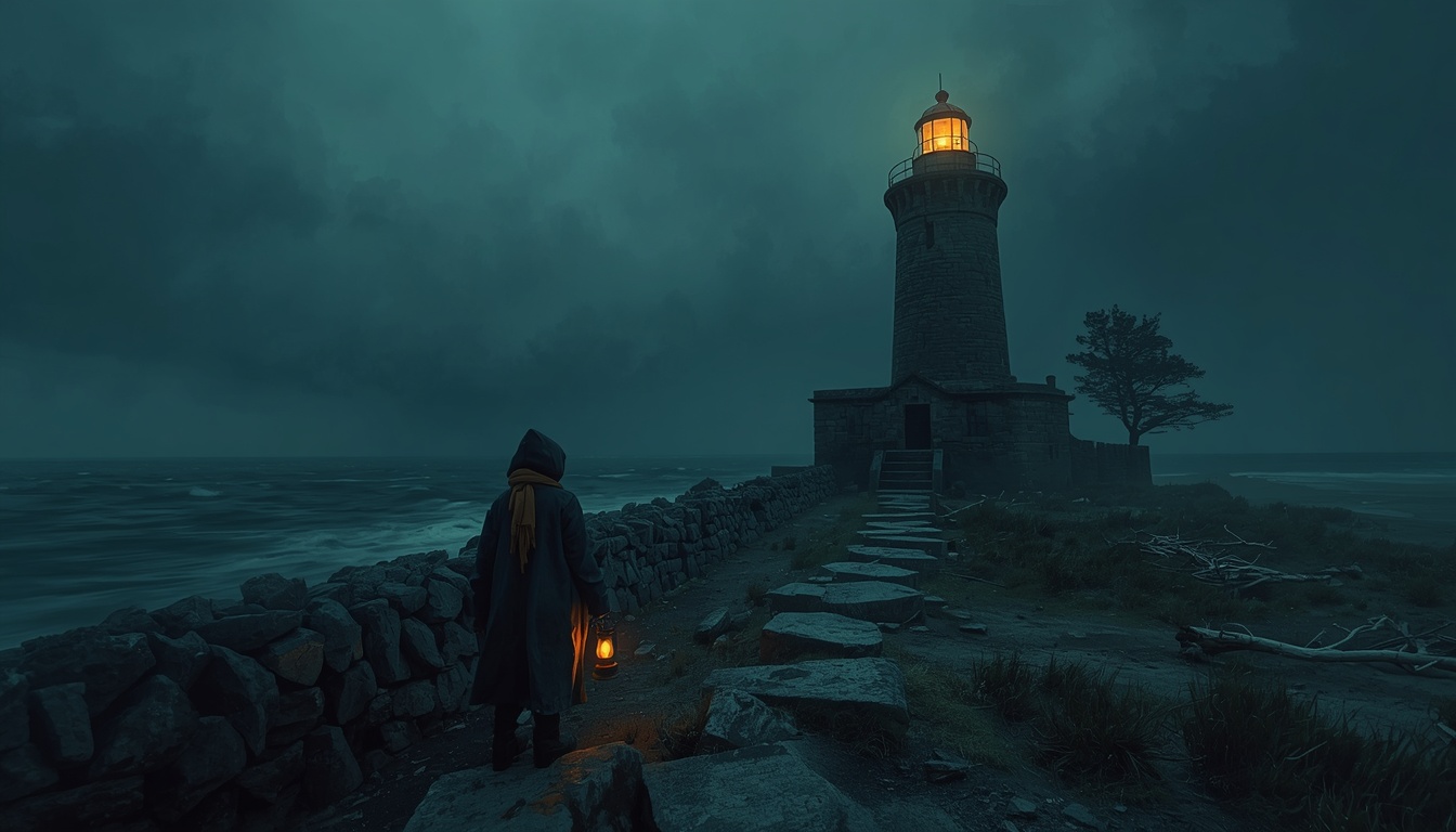 A figure with a small lantern walks a stone causeway toward a freshly lit lighthouse.