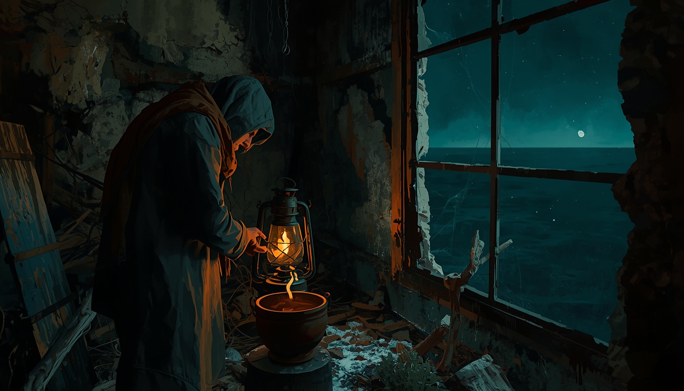 A robed figure tends a small oil lantern in a ruined room with the moonlit sea visible through a broken window.
