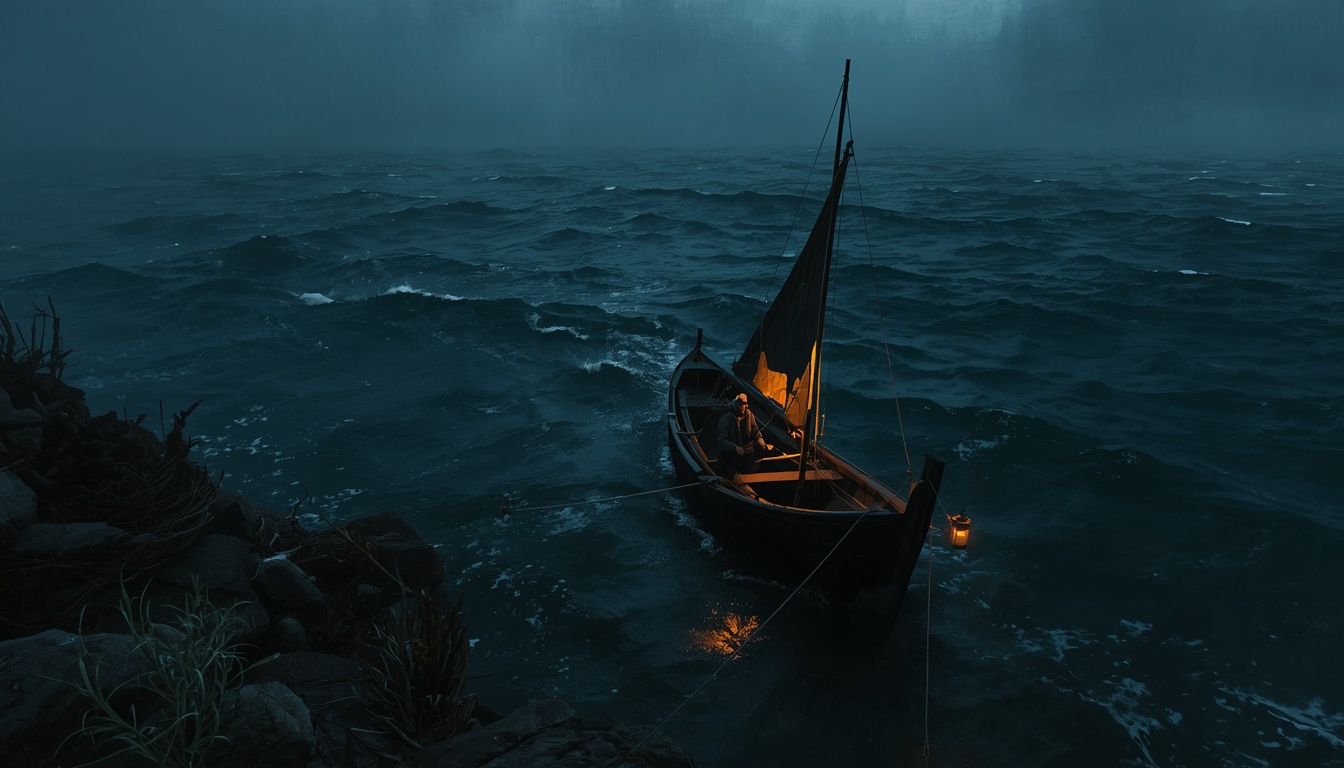 A small dark-sailed boat is tossed on heavy open water with only a stern lantern lit.