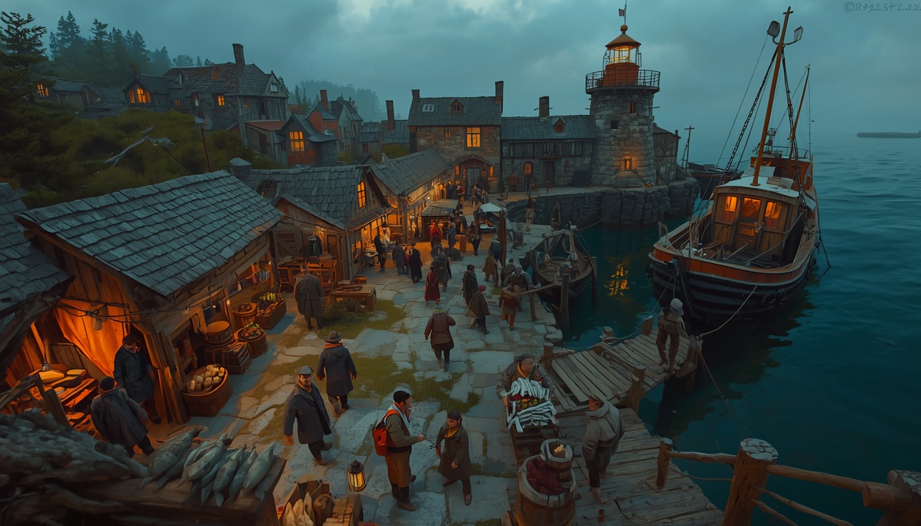 A busy stone harbour at dusk with fish stalls, boats, lit windows and a small lighthouse above.