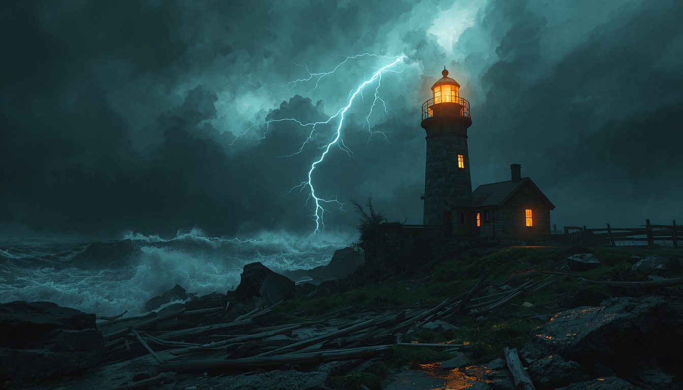 Lightning strikes from a dark storm sky beside a lit lighthouse standing above pounding surf.