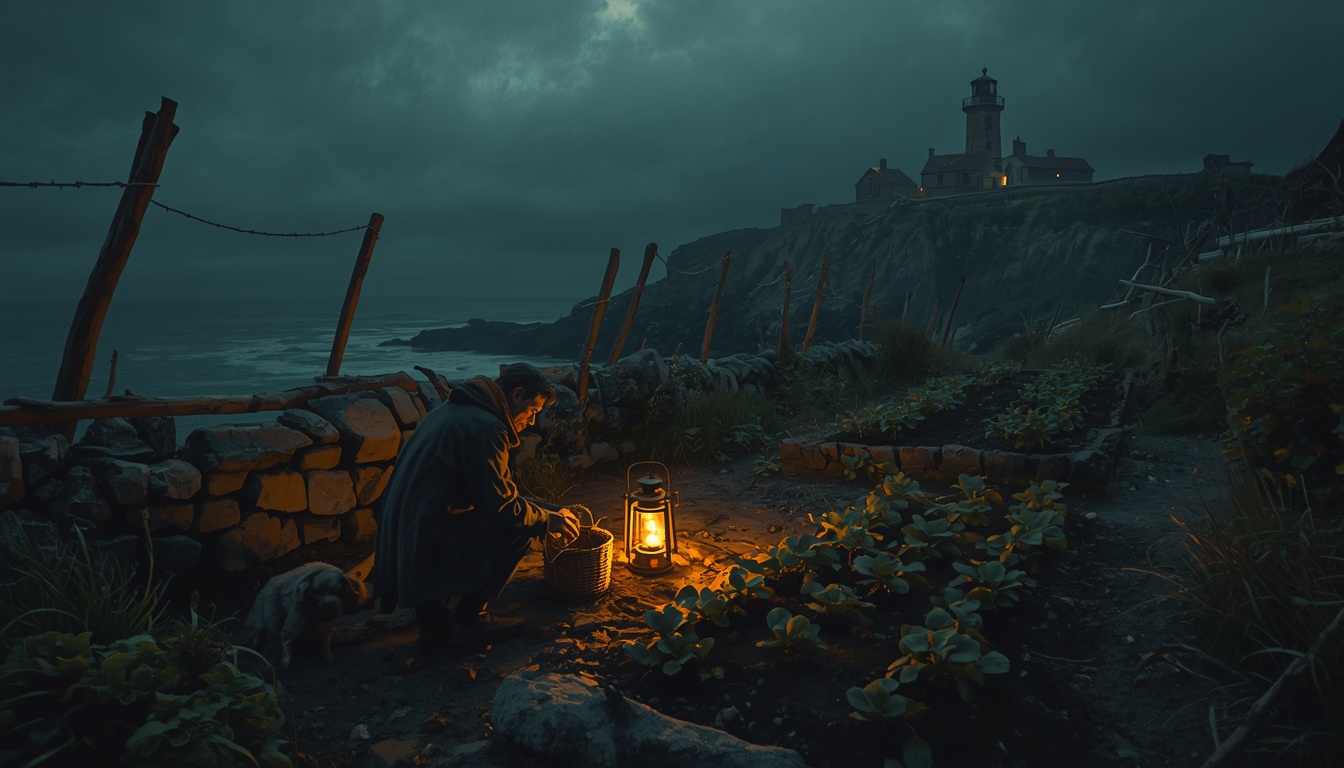 A figure tends a row of vegetables by lantern at night beside a stone wall, the lit tower in the distance.