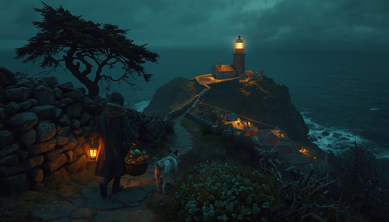 A figure with a lantern and a dog walk down a headland path toward a lit lighthouse and lantern-lit village.