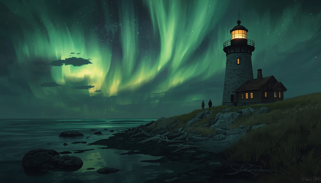 Green aurora unfurls in the sky above the lit lighthouse and keeper's cottage; two small figures stand on the cliff.