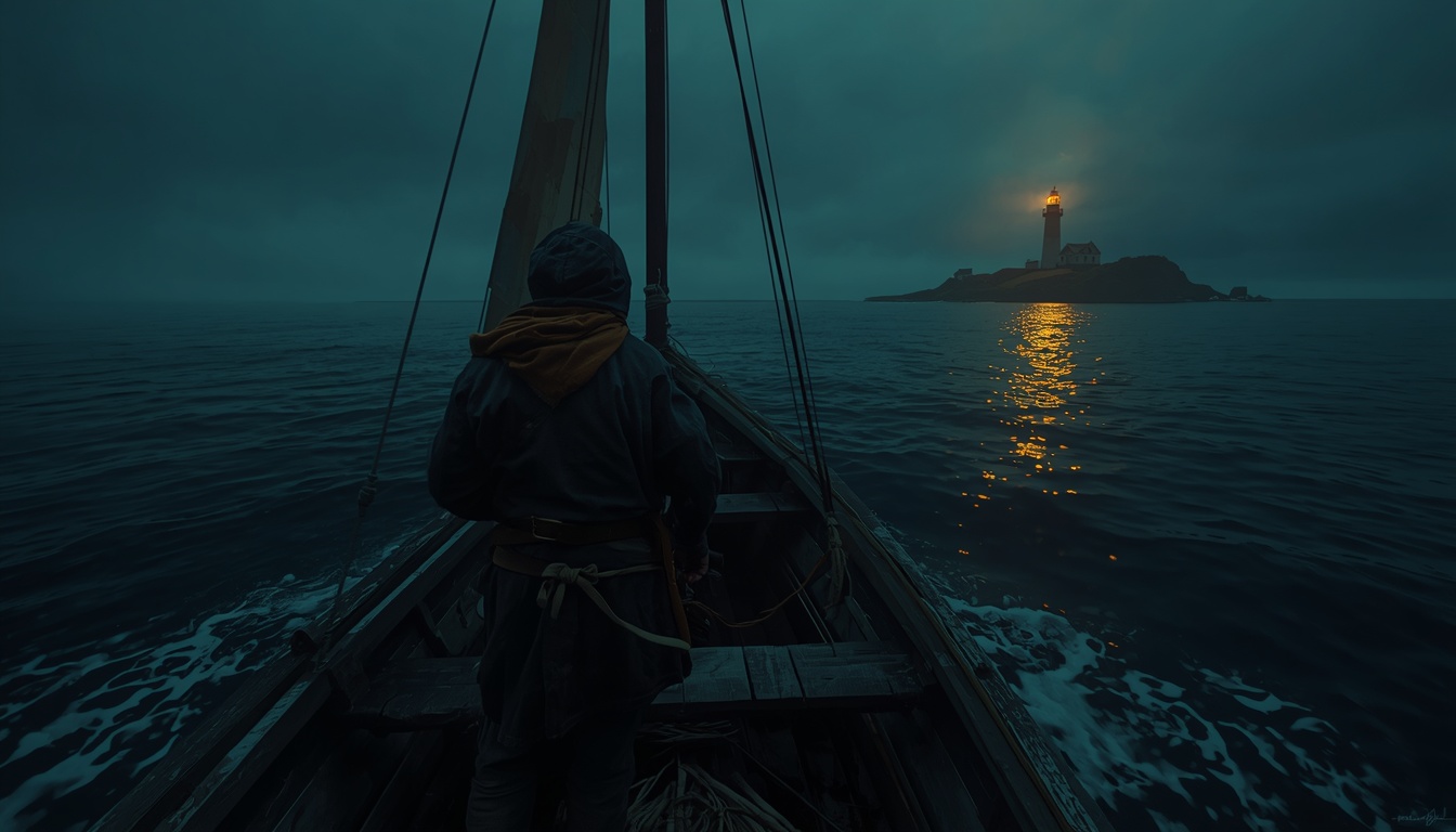 From a boat's bow at sea, the keeper looks ahead to a distant lighthouse beam laying gold across the water.