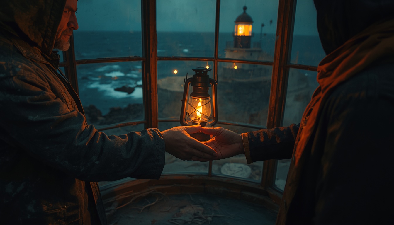 Two pairs of hands meet around a single lit lantern at a lantern-room window above the rocks.
