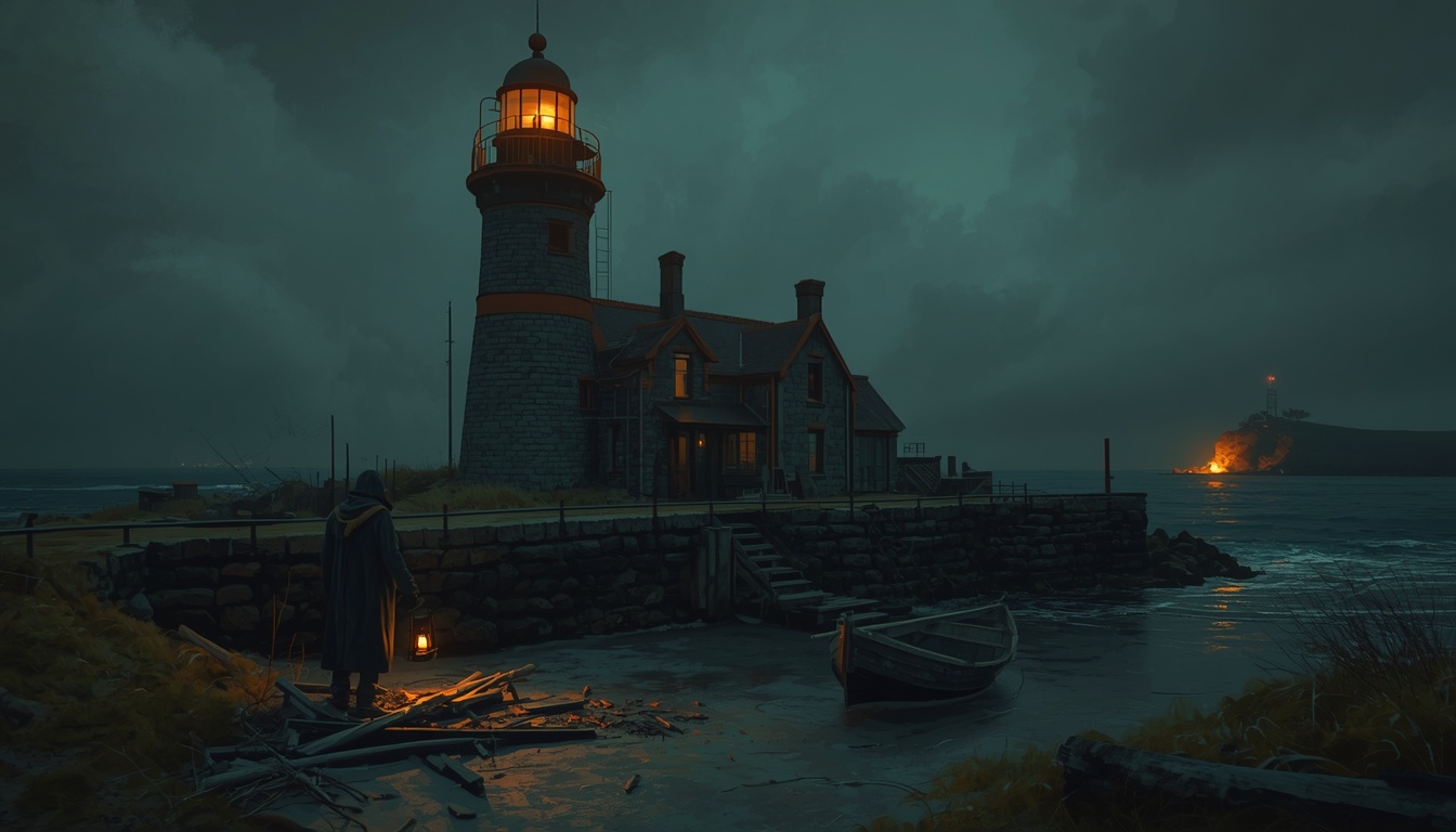 A figure with a bright lantern stands at the head of a stone path while a faint distant light sits low on the horizon.