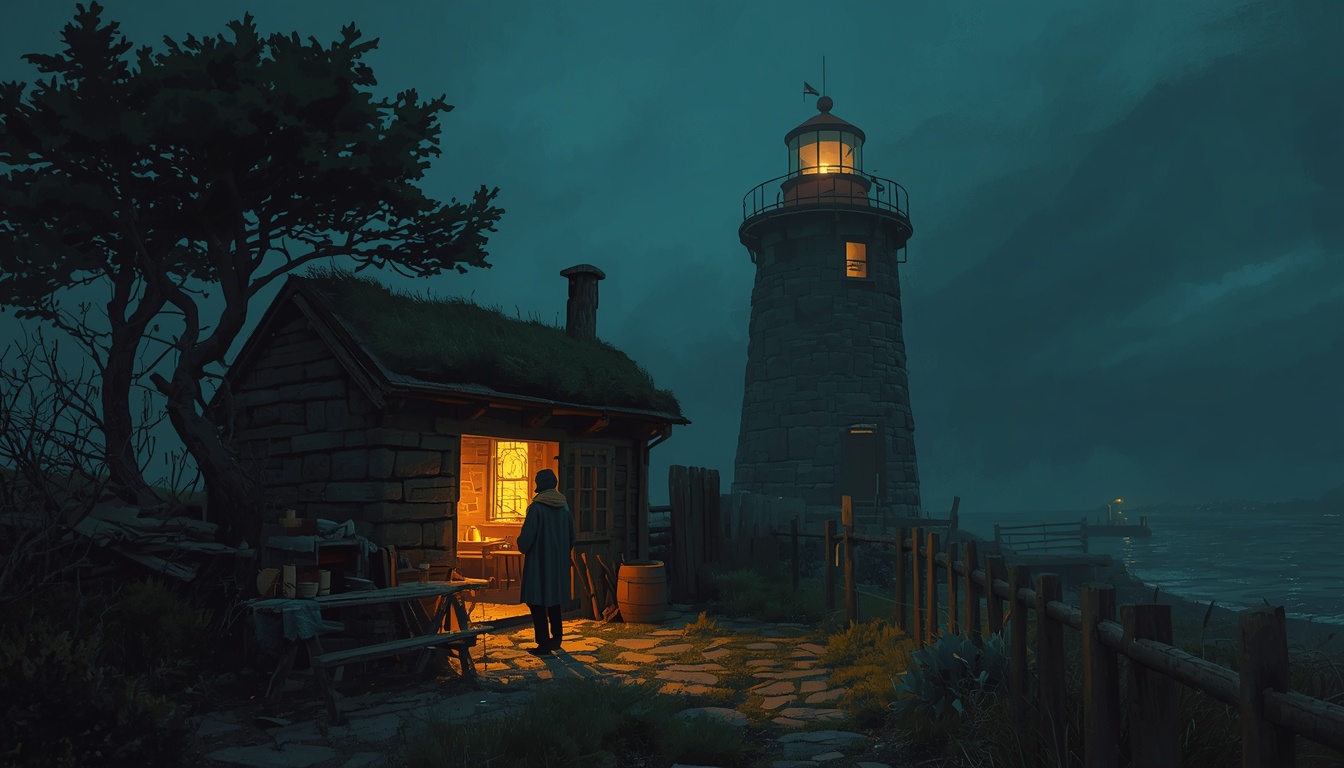 A small turf-roofed stone cottage at night beside a lit lighthouse, warm light pouring from its doorway.
