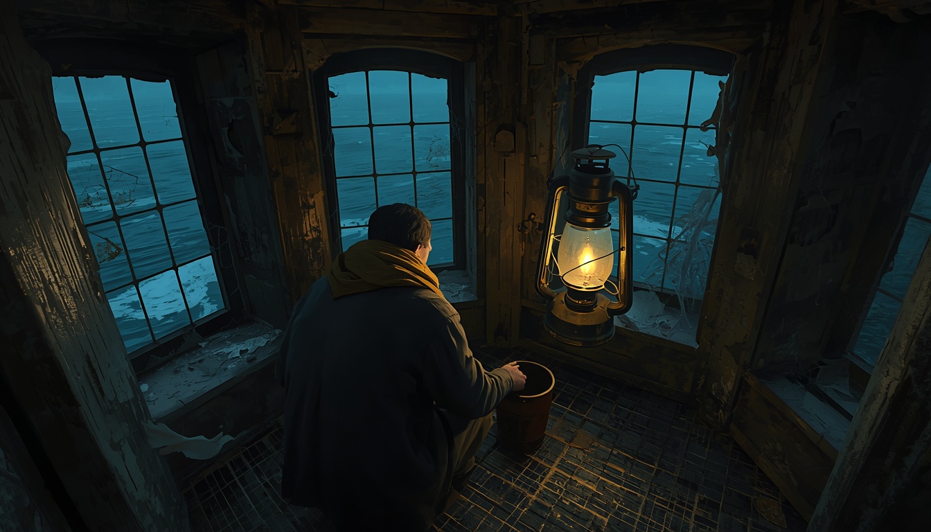 A keeper polishes a lit hurricane lamp in the wooden lantern room above the sea.