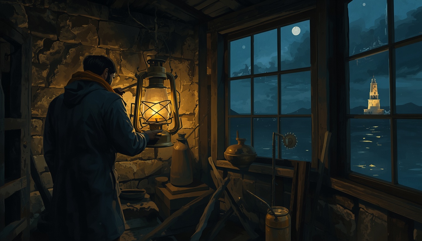A keeper trims the wick of a brass lantern by a window looking out on a distant lit tower.