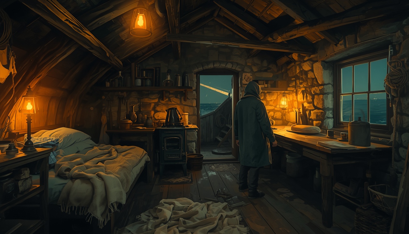 A stone-walled cottage interior at night with a made bed, a wood stove and the doorway open to the sea.