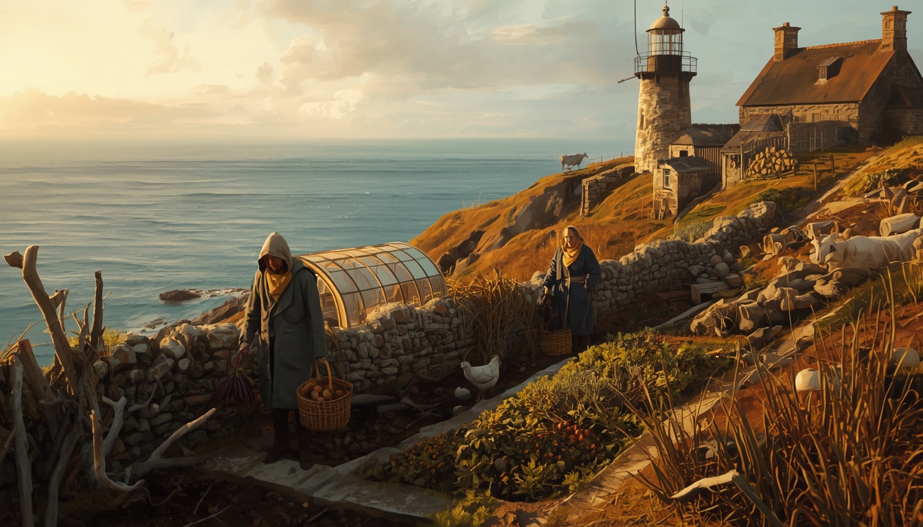 Two figures tend a hillside garden with chickens and goats beside a stone lighthouse at golden hour.