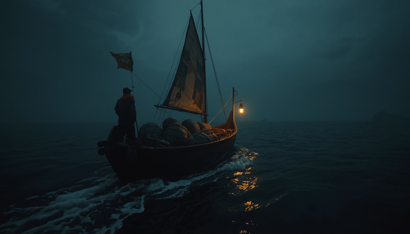 From the prow of a small ship under a stern lantern, a golden ripple lies across the dark sea ahead.