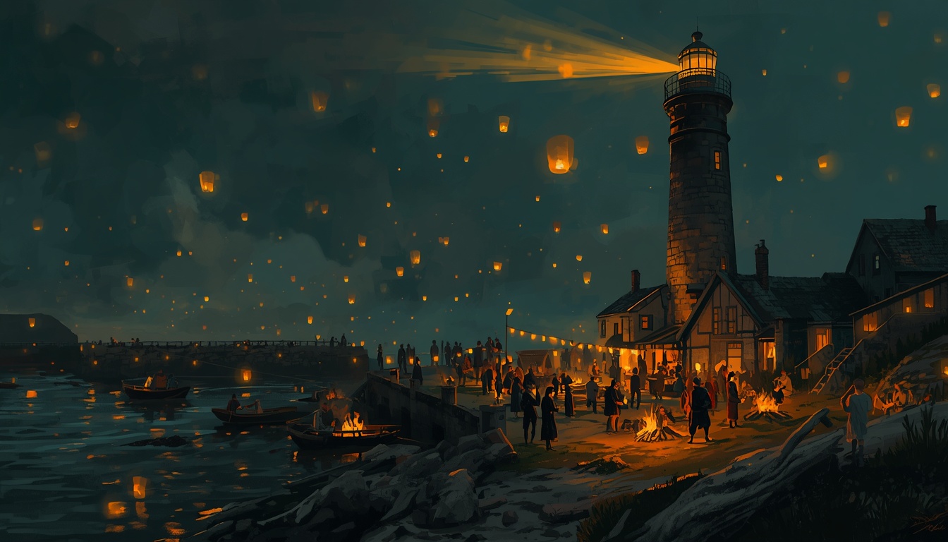 Hundreds of paper lanterns drift above a lit lighthouse while villagers gather around bonfires by the water.