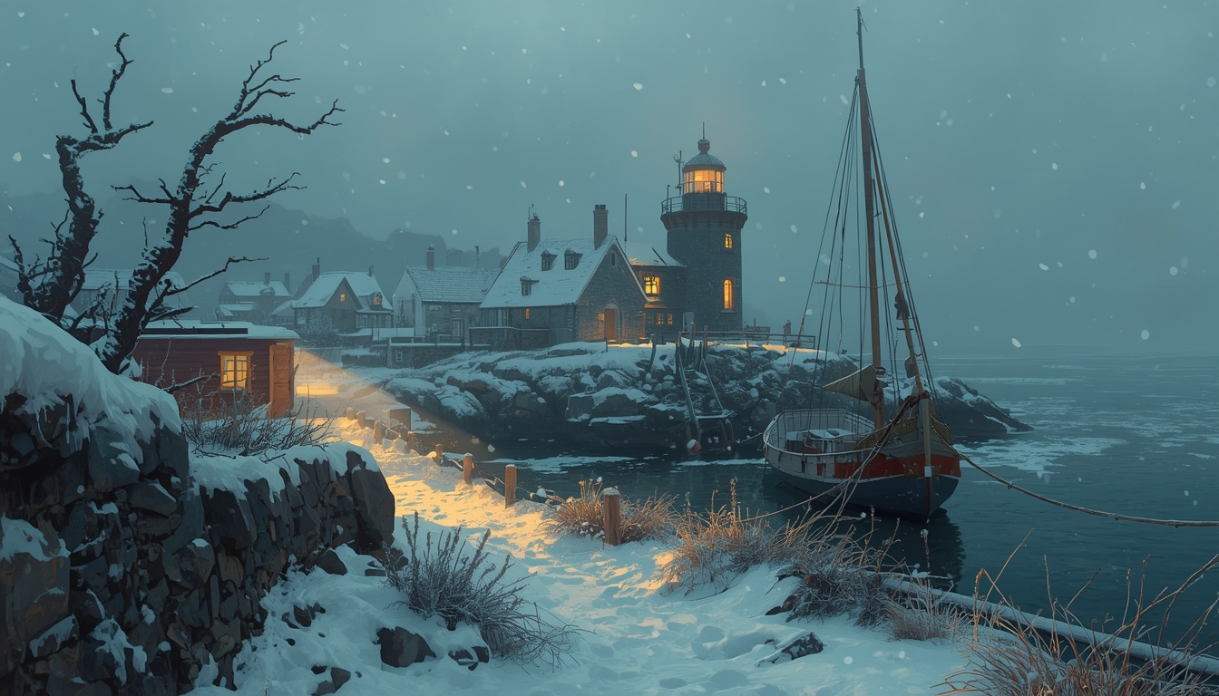 A lit lighthouse and keeper's cottage in heavy snow at dusk; a moored boat and a single lit window across the white quay.