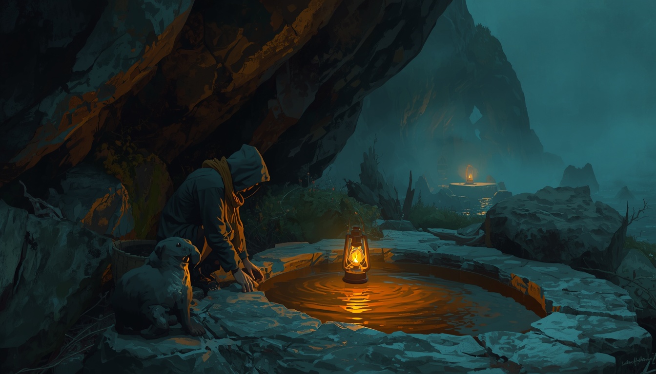 A keeper crouches beside a glowing hot spring in a sea-cave with a calm dog at their side.