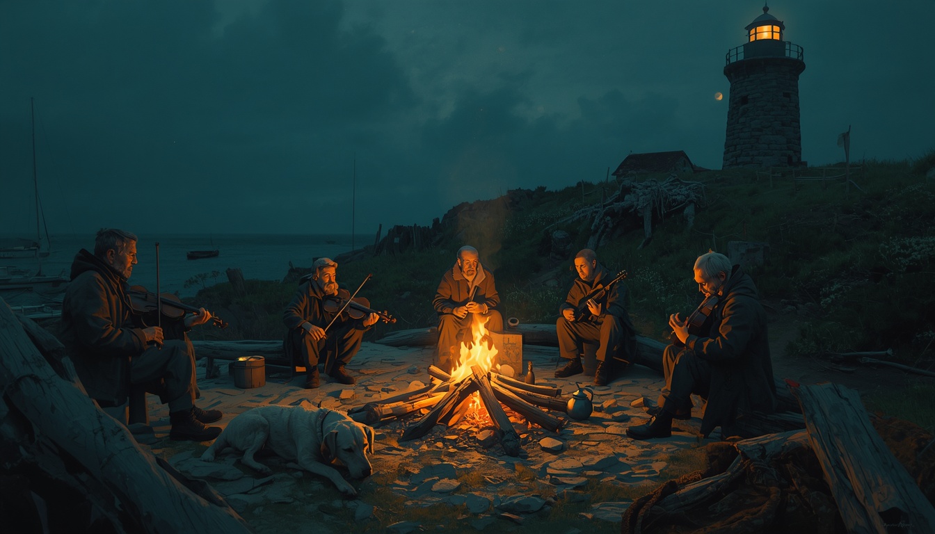 Five figures play fiddles around a driftwood bonfire beneath a lit lighthouse; a dog sleeps at their feet.
