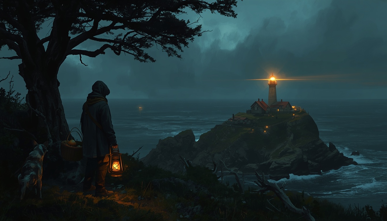 A figure with a lantern and a dog stand on a cliff as the lighthouse beam fans out across the sea.